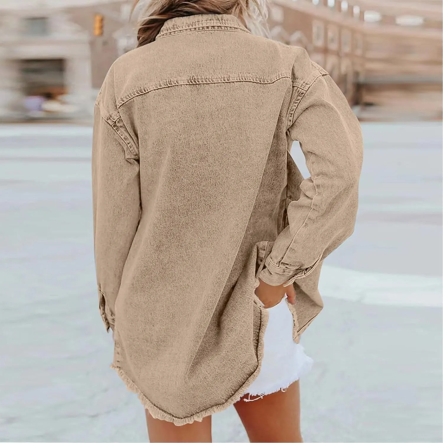 Womens Oversized Denim Jacket Lightweight Button Up Frayed Hem Shacket Long Sleeve Boyfriend Jean Jackets
