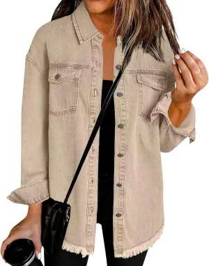 Womens Oversized Denim Jacket Lightweight Button Up Frayed Hem Shacket Long Sleeve Boyfriend Jean Jackets