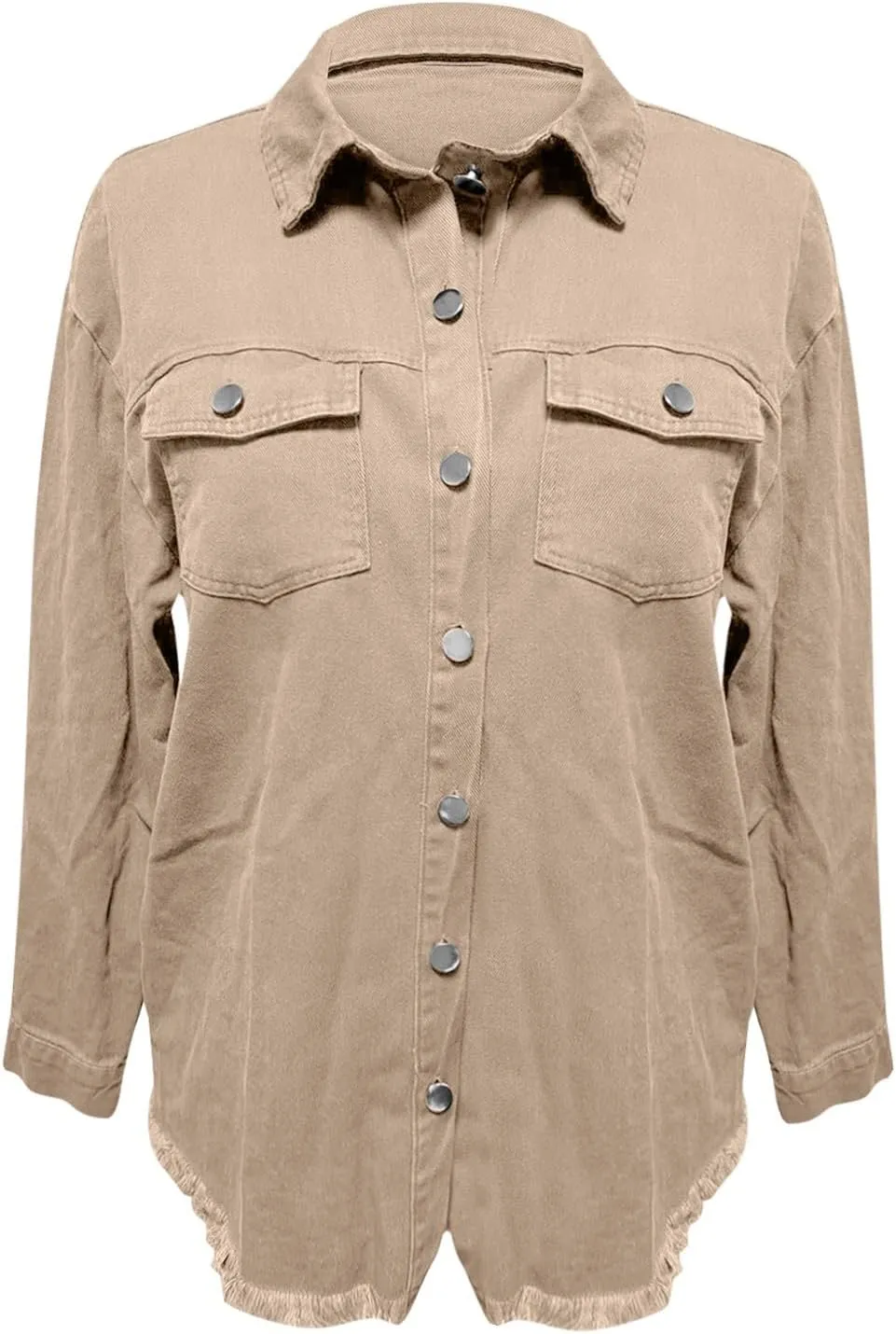 Womens Oversized Denim Jacket Lightweight Button Up Frayed Hem Shacket Long Sleeve Boyfriend Jean Jackets