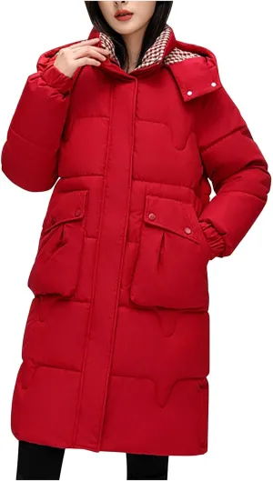 Womens Quilted Hooded Down Jacket Midium Length Plus Size Lightweight Puffer Coat Winter Warm Outfit with Pockets