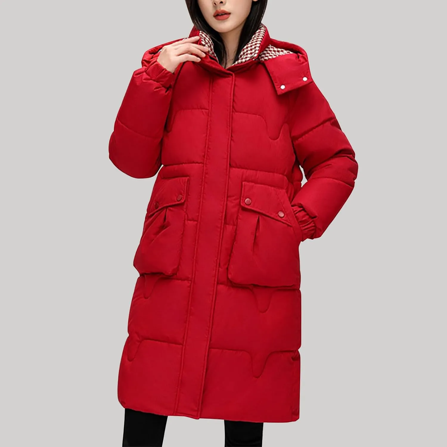 Womens Quilted Hooded Down Jacket Midium Length Plus Size Lightweight Puffer Coat Winter Warm Outfit with Pockets