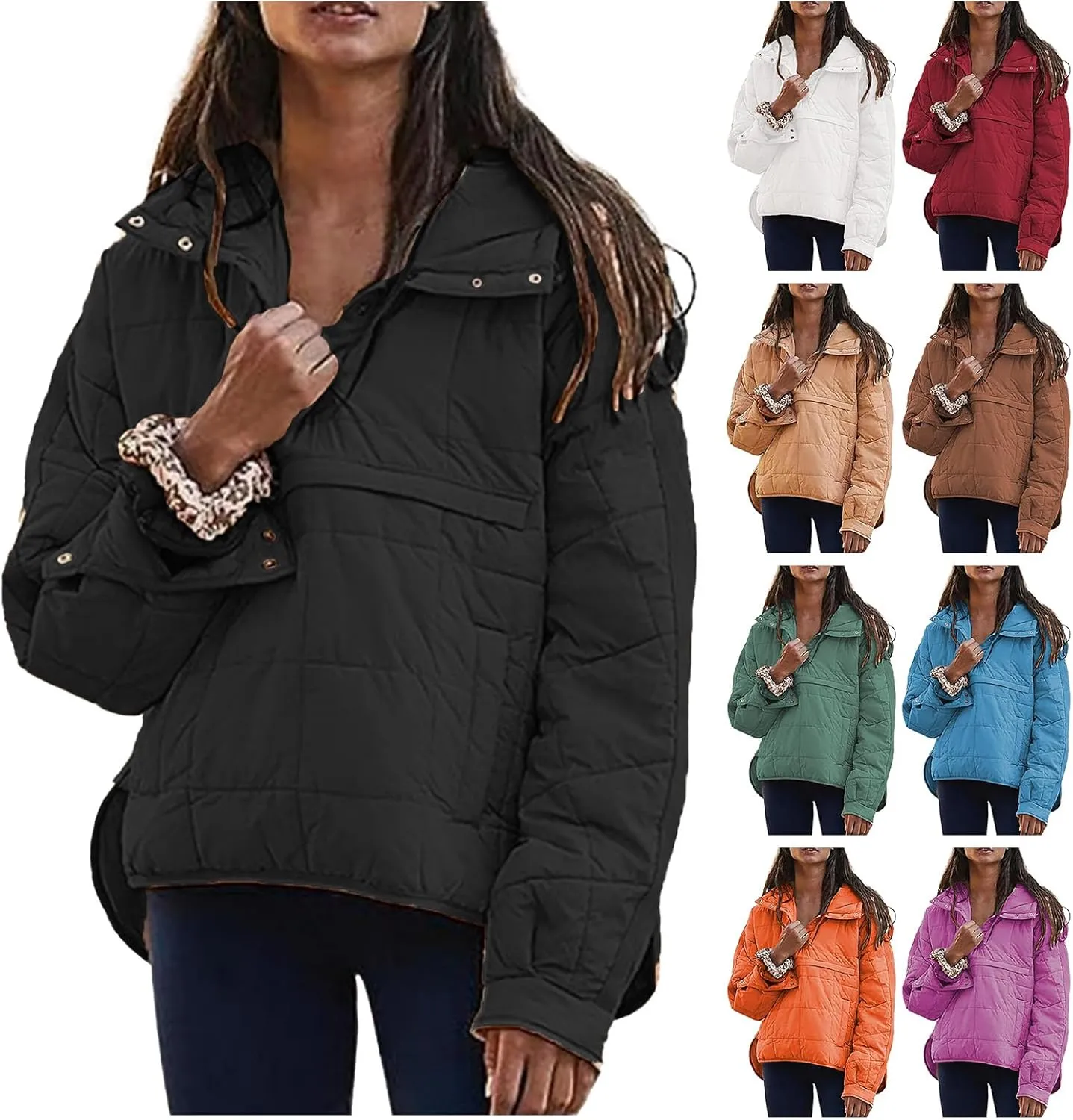 Womens Quilted Pullover Puffer Jacket Oversized Lightweight Down Coat with Hood Outdoor Warm Padded Jacket