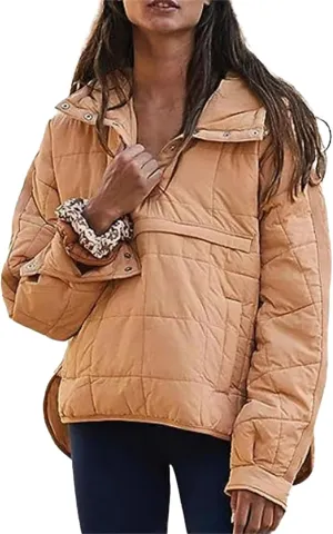Womens Quilted Pullover Puffer Jacket Oversized Lightweight Down Coat with Hood Outdoor Warm Padded Jacket