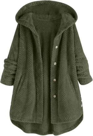 Womens Sherpa Hoodie Long Sleeve Teddy Bear Jacket Button Fluffy Pullover Fleece Faux Fur Cardigan Coats for Ladies