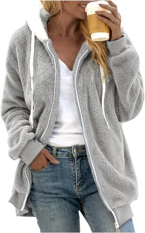Women's Solid Color Sweatershirt Hooded Pullover Plush Warm Coat Zipper Blouse Women S Outerwear Jacket