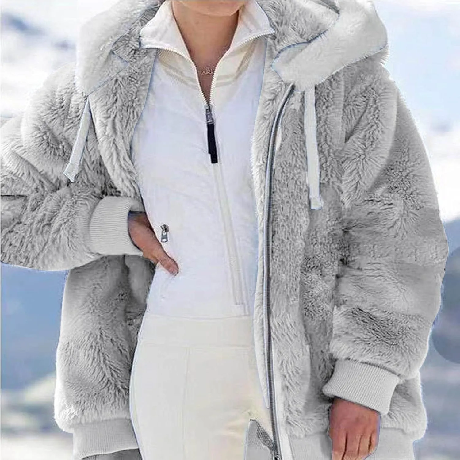 Women's Solid Color Sweatershirt Hooded Pullover Plush Warm Coat Zipper Blouse Women S Outerwear Jacket