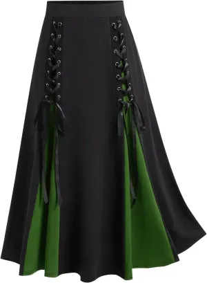 Women's Vintage Gothic Court Lace Up Patchwork Skirt Steampunk Medieval Renaissance Victorian A-Line Pirate Skirts
