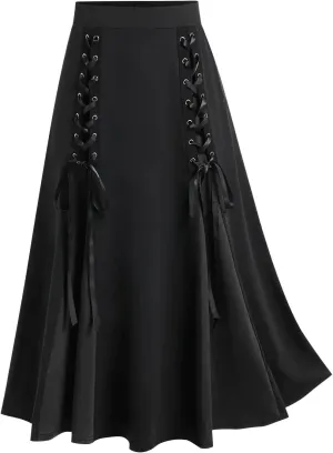 Women's Vintage Gothic Court Lace Up Patchwork Skirt Steampunk Medieval Renaissance Victorian A-Line Pirate Skirts
