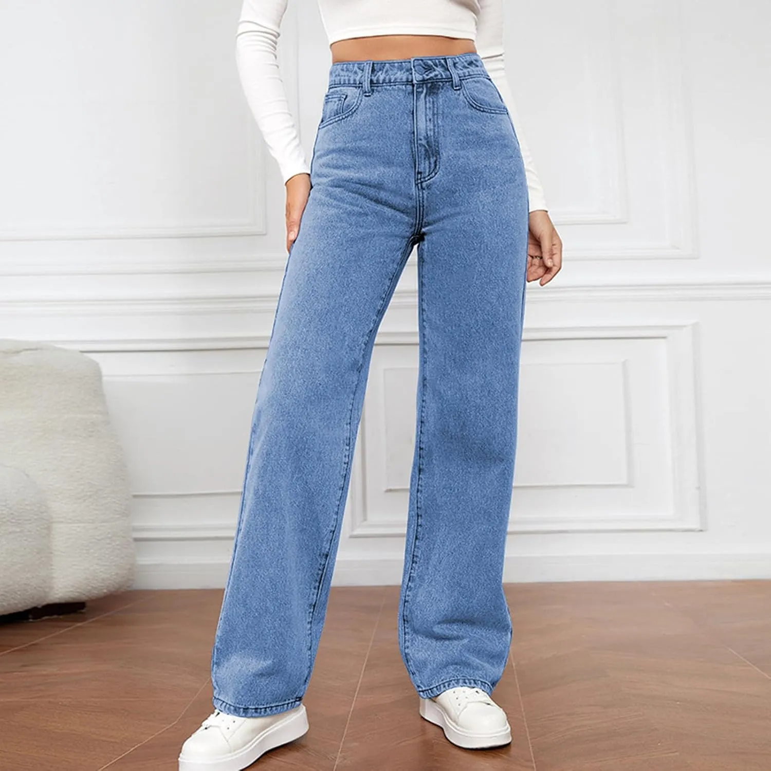 Women's Wide Leg Jeans Casual High Waisted Stretch Baggy Loose Denim Pants Straight Leg Trousers