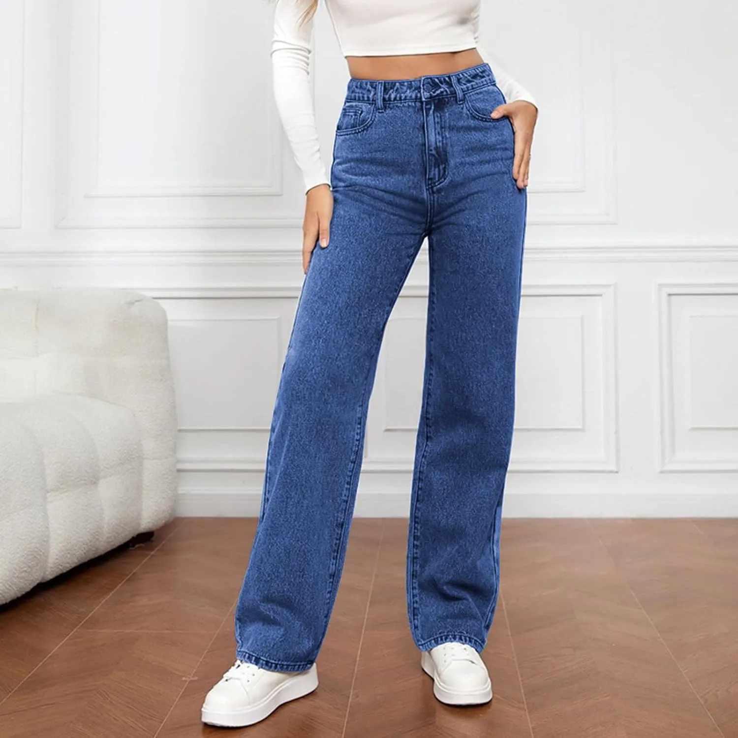 Women's Wide Leg Jeans Casual High Waisted Stretch Baggy Loose Denim Pants Straight Leg Trousers
