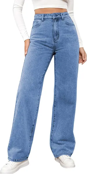 Women's Wide Leg Jeans Casual High Waisted Stretch Baggy Loose Denim Pants Straight Leg Trousers