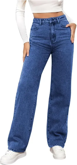 Women's Wide Leg Jeans Casual High Waisted Stretch Baggy Loose Denim Pants Straight Leg Trousers