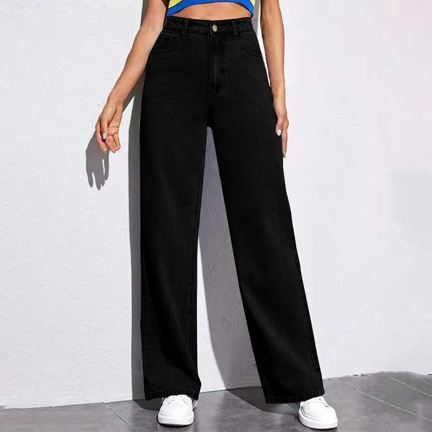 Women's Wide Leg Jeans Casual Loose High Waisted Straight Zimbaplatinum Denim Pants with Pockets