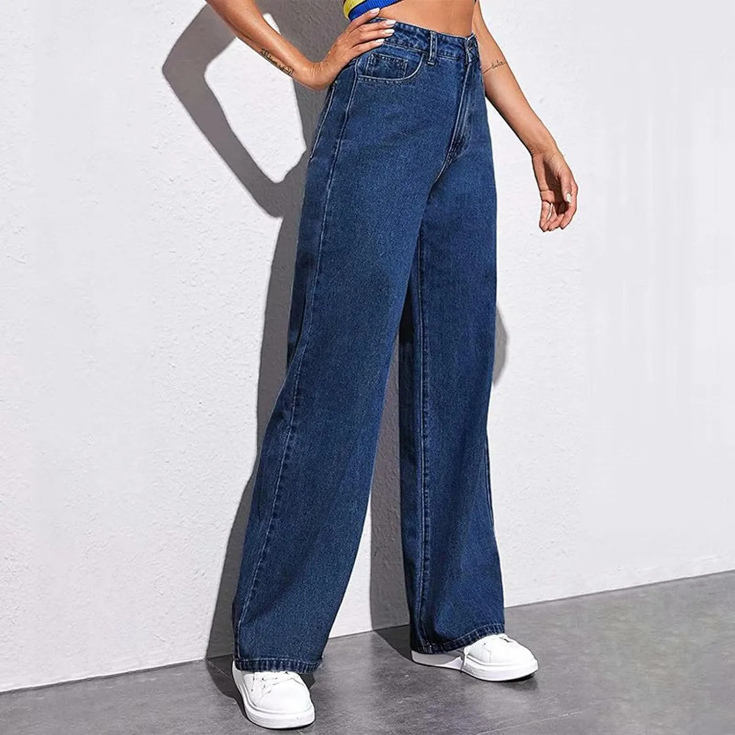 Women's Wide Leg Jeans Casual Loose High Waisted Straight Zimbaplatinum Denim Pants with Pockets