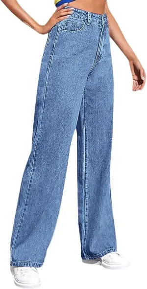 Women's Wide Leg Jeans Casual Loose High Waisted Straight Zimbaplatinum Denim Pants with Pockets