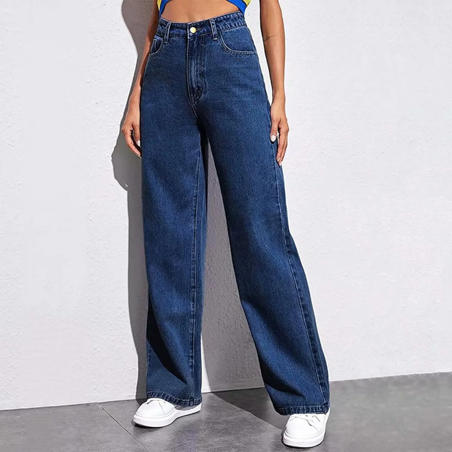 Women's Wide Leg Jeans Casual Loose High Waisted Straight Zimbaplatinum Denim Pants with Pockets