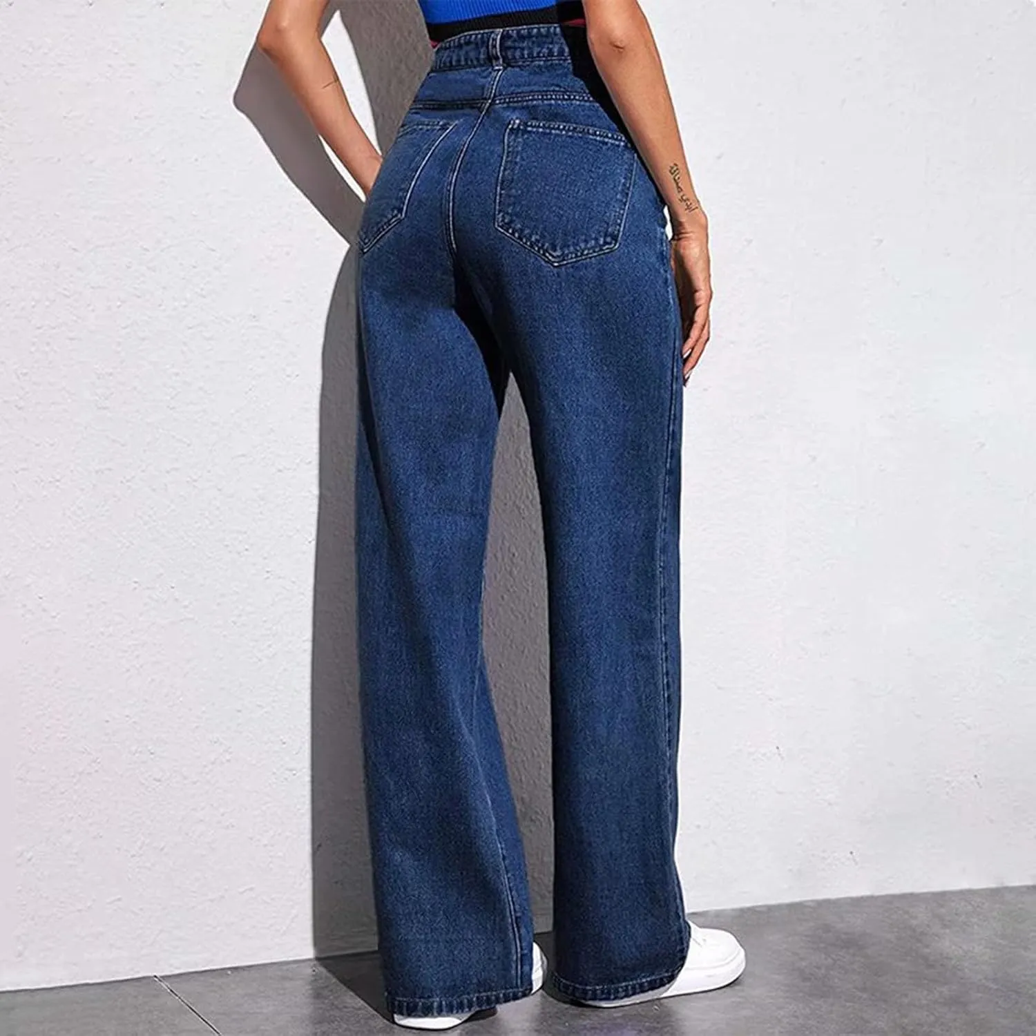 Women's Wide Leg Jeans Casual Loose High Waisted Straight Zimbaplatinum Denim Pants with Pockets