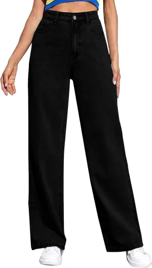 Women's Wide Leg Jeans Casual Loose High Waisted Straight Zimbaplatinum Denim Pants with Pockets