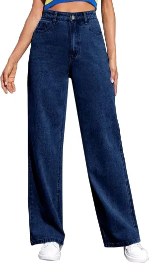 Women's Wide Leg Jeans Casual Loose High Waisted Straight Zimbaplatinum Denim Pants with Pockets