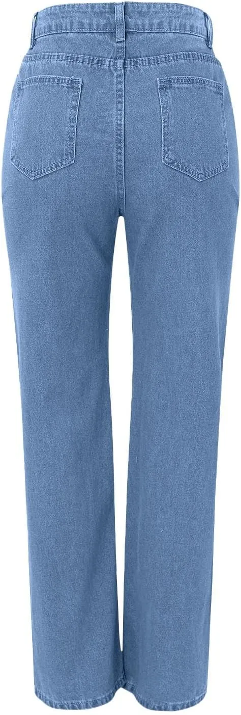 Women's Wide Leg Jeans Casual Loose High Waisted Straight Zimbaplatinum Denim Pants with Pockets