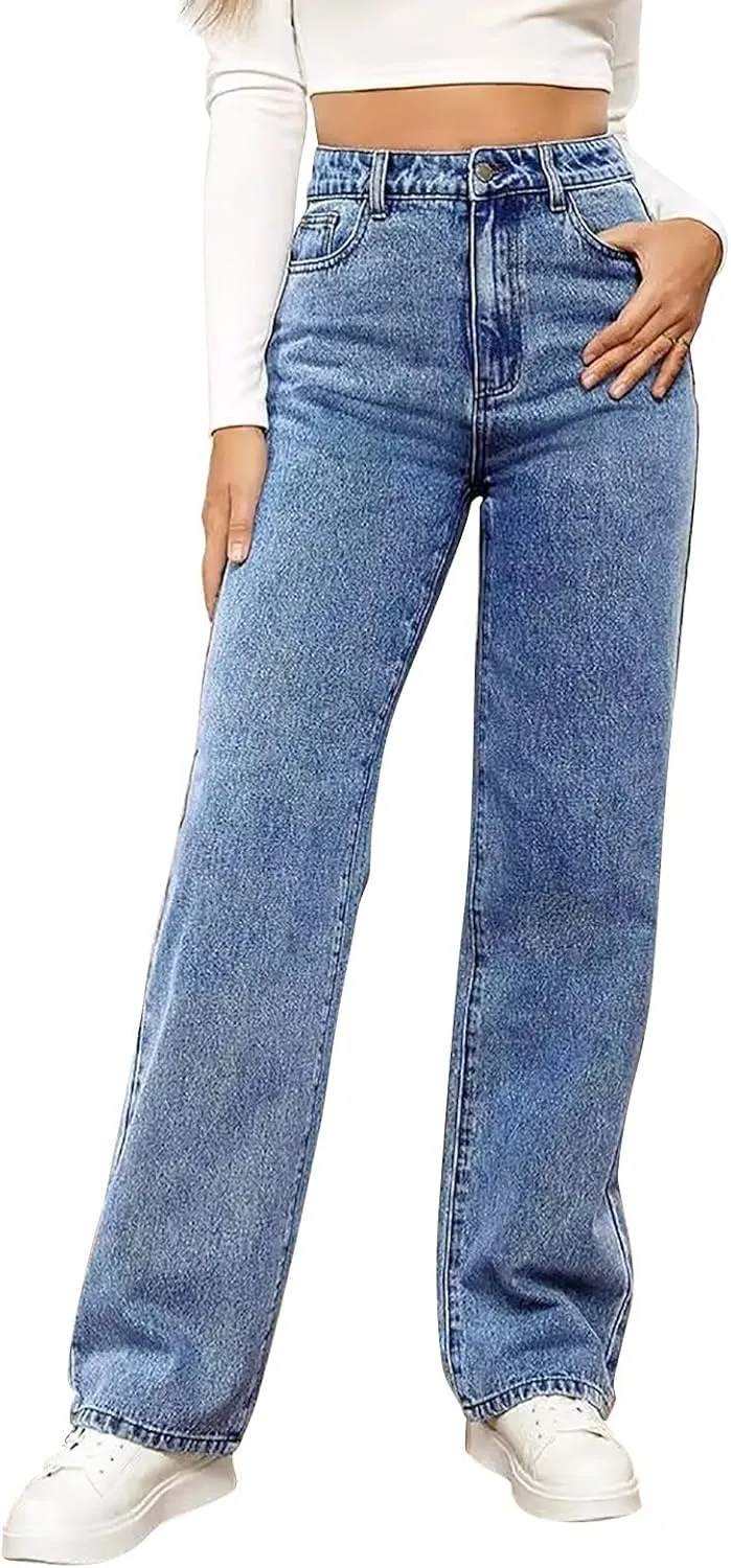Women's Wide Leg Jeans Casual Loose High Waisted Straight Zimbaplatinum Denim Pants with Pockets