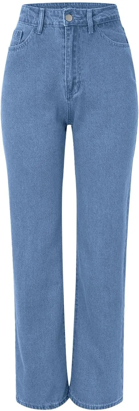 Women's Wide Leg Jeans Casual Loose High Waisted Straight Zimbaplatinum Denim Pants with Pockets