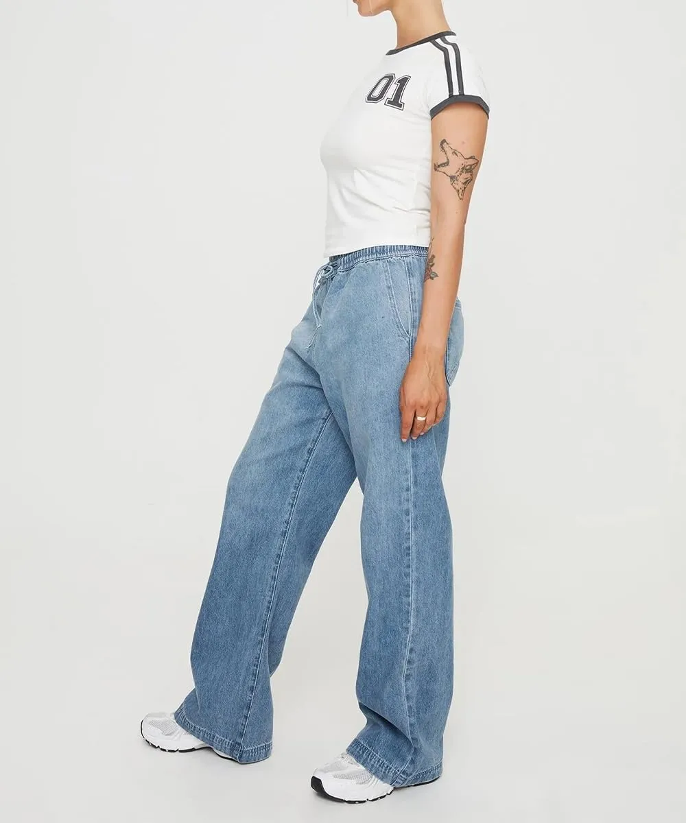 Women's Wide Leg Jeans Drawstring High Waisted Stretch Casual Loose Fit Boyfriend Straight Denim Pants