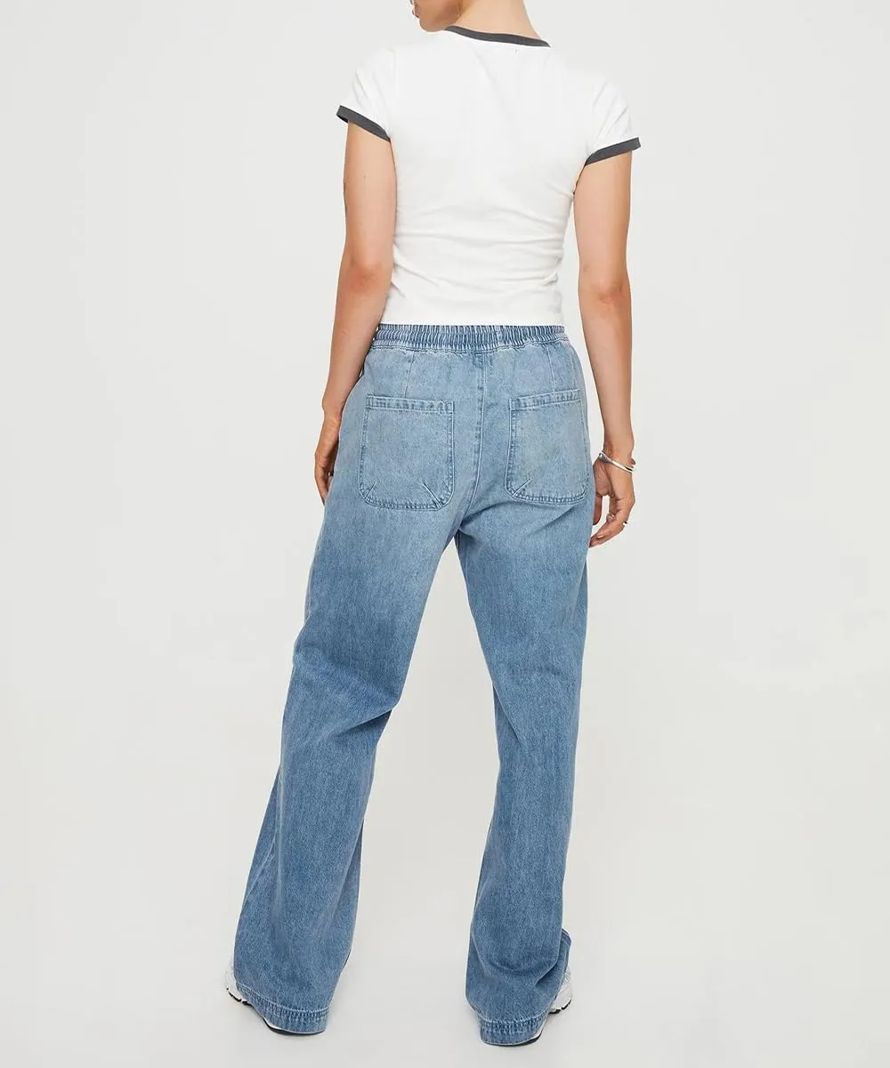 Women's Wide Leg Jeans Drawstring High Waisted Stretch Casual Loose Fit Boyfriend Straight Denim Pants