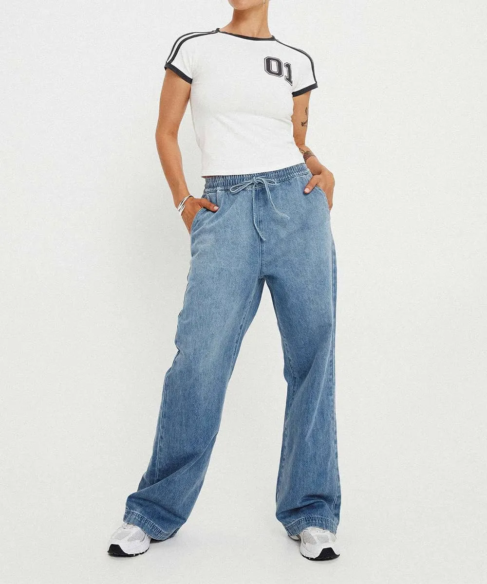 Women's Wide Leg Jeans Drawstring High Waisted Stretch Casual Loose Fit Boyfriend Straight Denim Pants