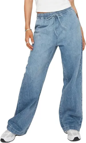 Women's Wide Leg Jeans Drawstring High Waisted Stretch Casual Loose Fit Boyfriend Straight Denim Pants