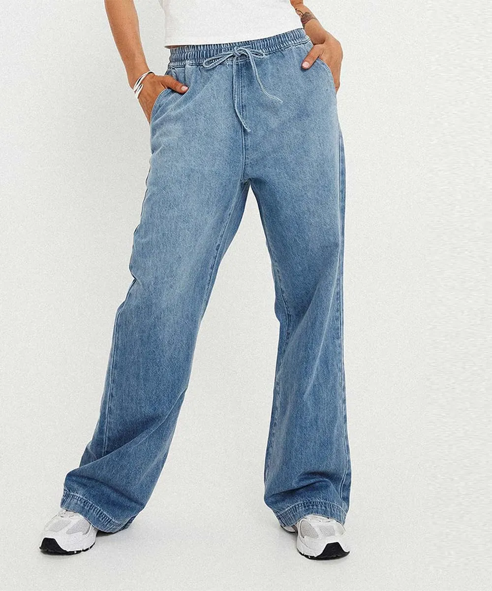 Women's Wide Leg Jeans Drawstring High Waisted Stretch Casual Loose Fit Boyfriend Straight Denim Pants