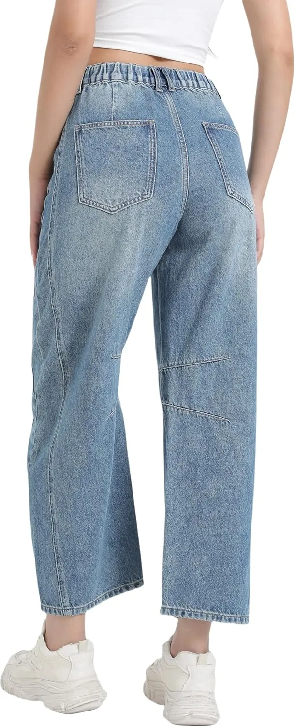 Women's Wide Leg Jeans Elastic Waist Women Trendy Denim Pants Comfortable Stretchy Jeans with Pockets