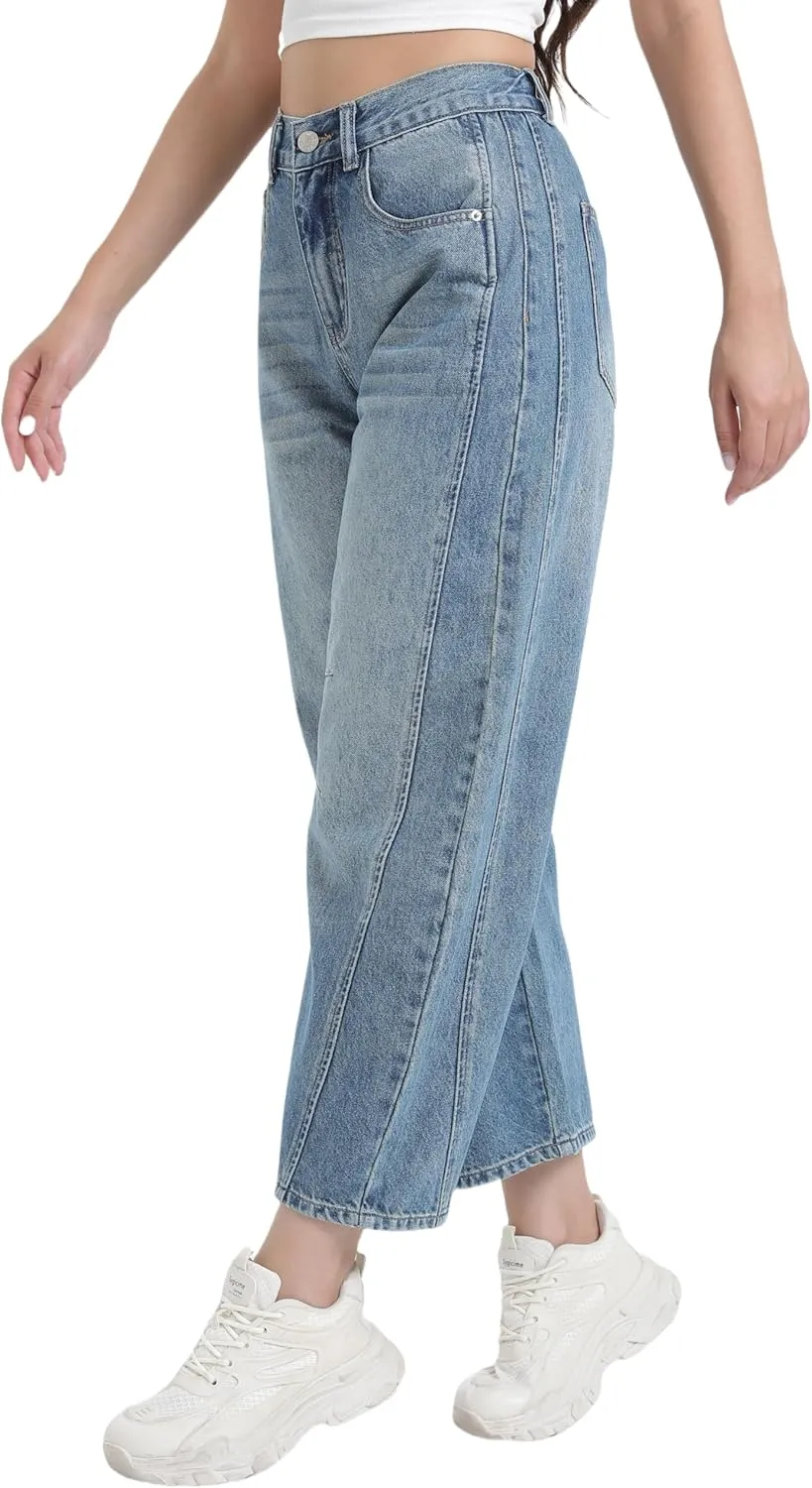 Women's Wide Leg Jeans Elastic Waist Women Trendy Denim Pants Comfortable Stretchy Jeans with Pockets