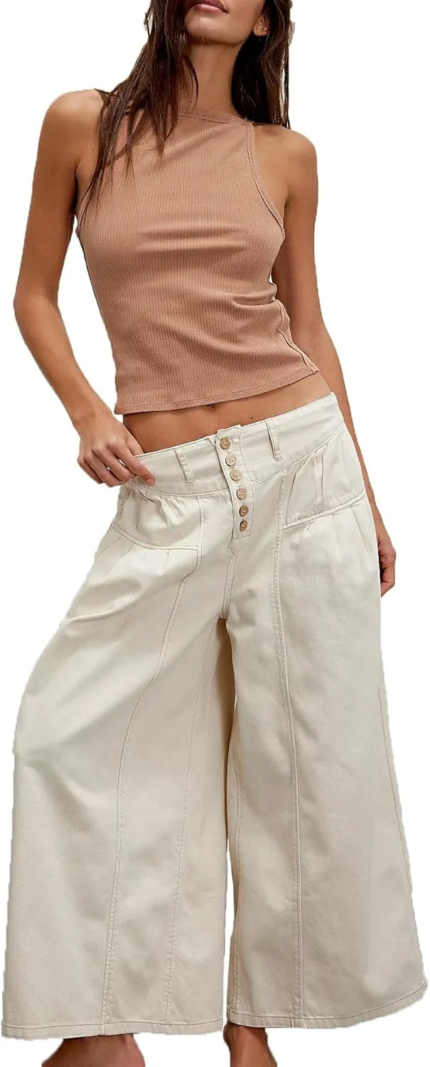 Women's Wide Leg Jeans High Waisted Baggy Cropped Denim Pants with Pleated Ruffles & Pockets