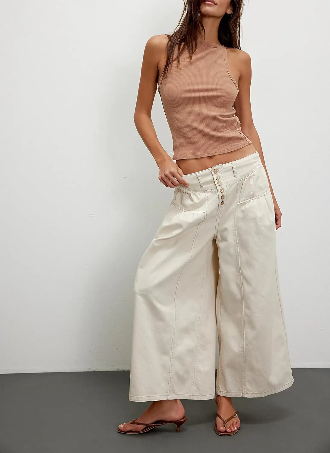 Women's Wide Leg Jeans High Waisted Baggy Cropped Denim Pants with Pleated Ruffles & Pockets