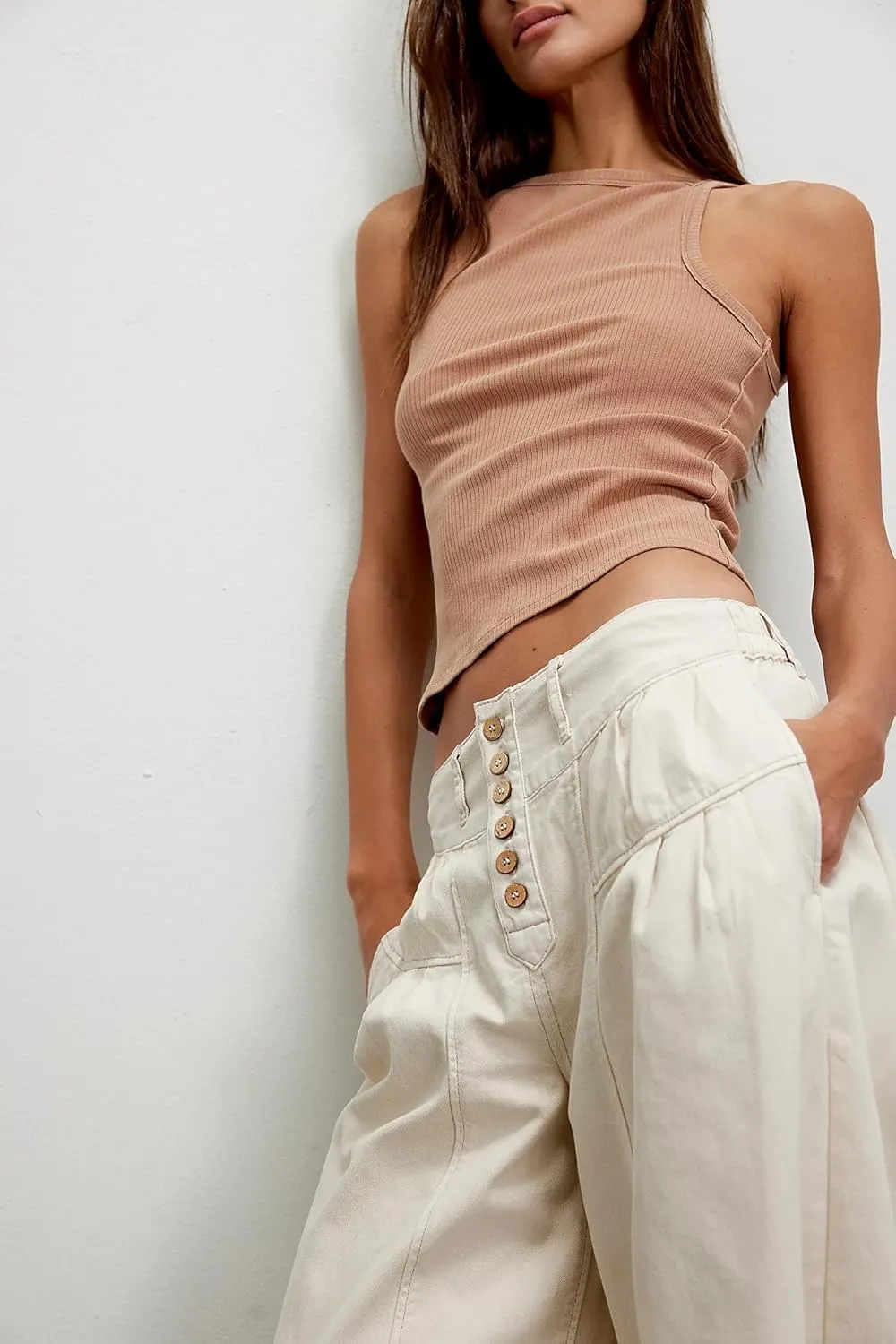Women's Wide Leg Jeans High Waisted Baggy Cropped Denim Pants with Pleated Ruffles & Pockets