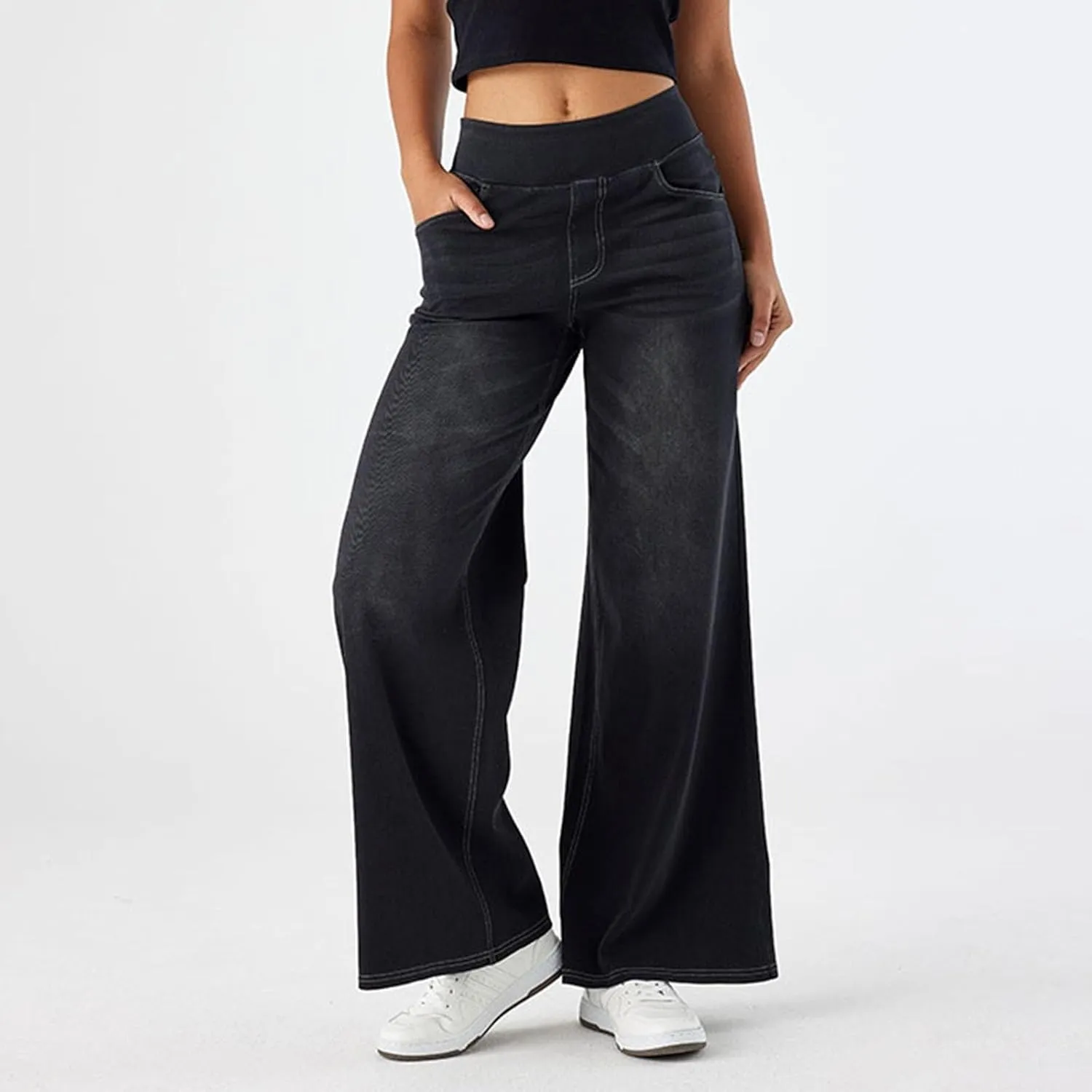 Women's Wide Leg Jeans High Waisted Stretch Pull-on Baggy Denim Pants with Pockets