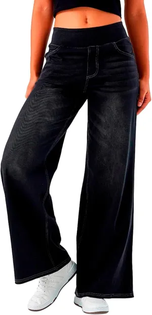 Women's Wide Leg Jeans High Waisted Stretch Pull-on Baggy Denim Pants with Pockets