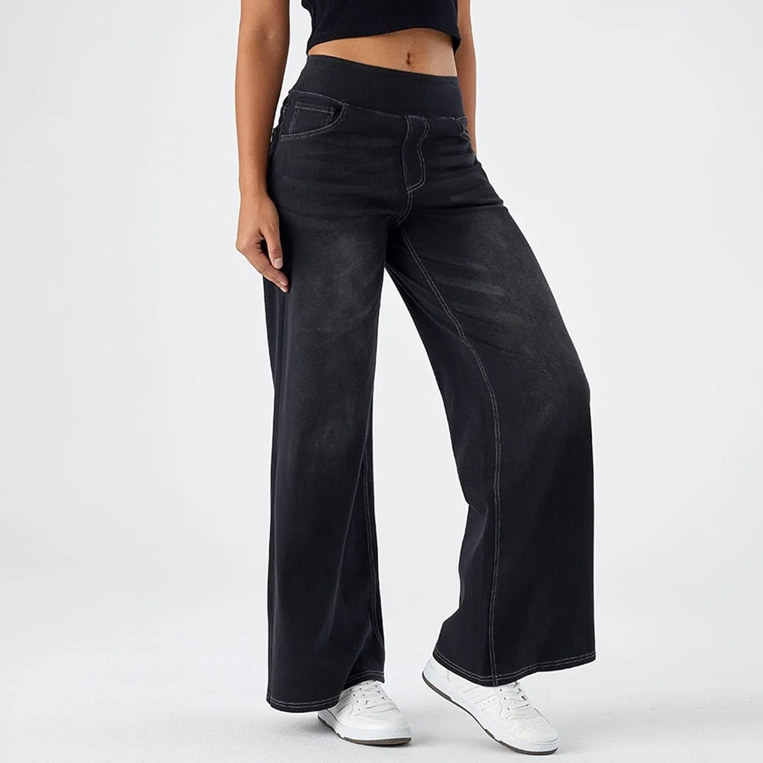 Women's Wide Leg Jeans High Waisted Stretch Pull-on Baggy Denim Pants with Pockets