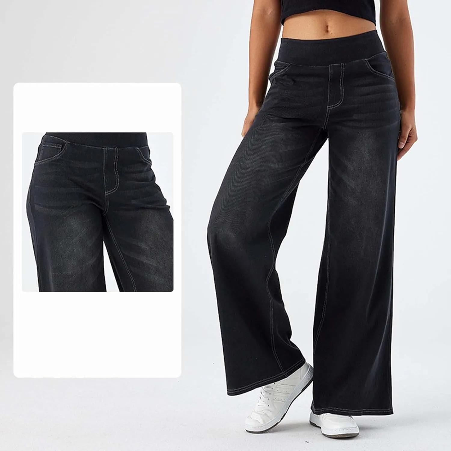 Women's Wide Leg Jeans High Waisted Stretch Pull-on Baggy Denim Pants with Pockets