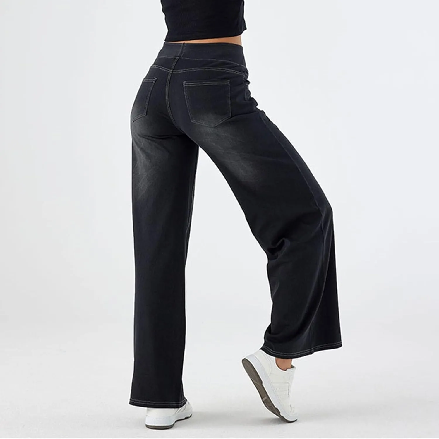 Women's Wide Leg Jeans High Waisted Stretch Pull-on Baggy Denim Pants with Pockets