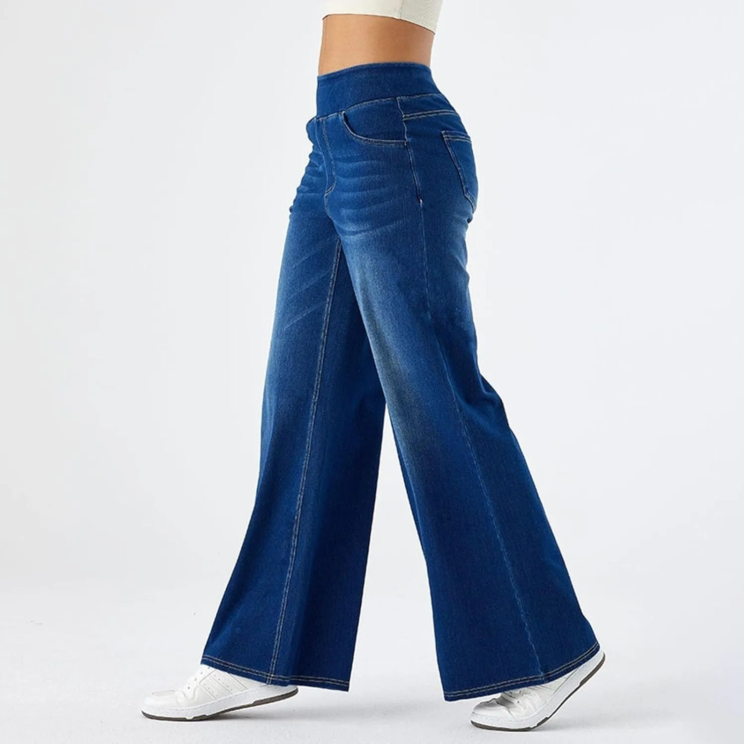 Women's Wide Leg Jeans High Waisted Stretchy Pull On Wide Leg Denim Pants with Pocket