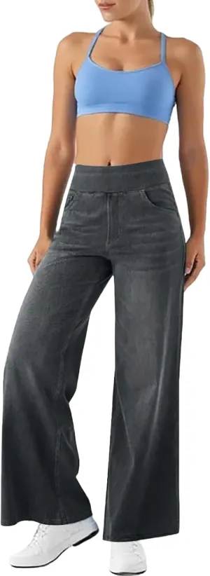 Women's Wide Leg Jeans High Waisted Stretchy Pull On Wide Leg Denim Pants with Pocket
