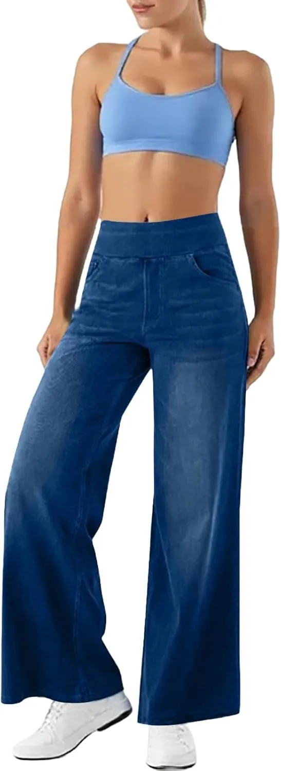 Women's Wide Leg Jeans High Waisted Stretchy Pull On Wide Leg Denim Pants with Pocket
