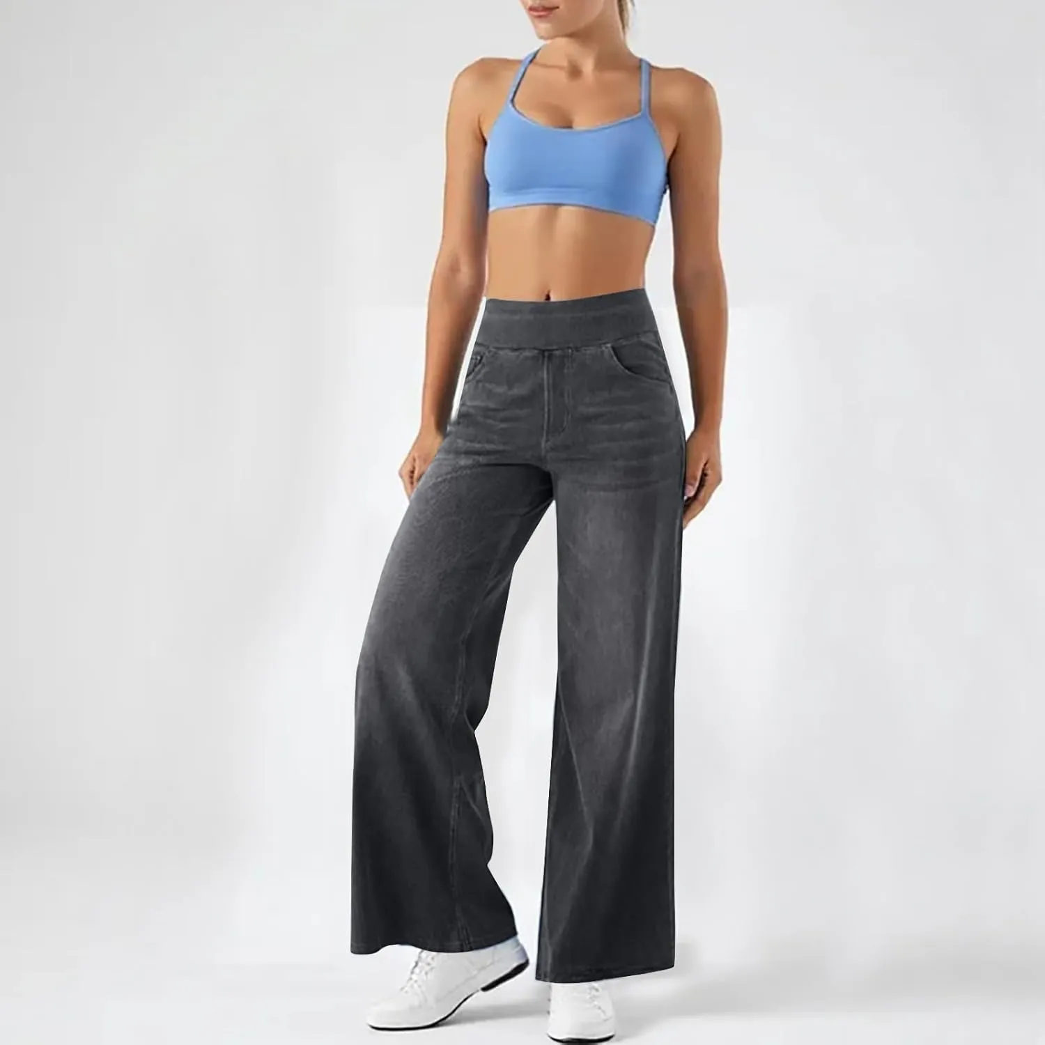 Women's Wide Leg Jeans High Waisted Stretchy Pull On Wide Leg Denim Pants with Pocket