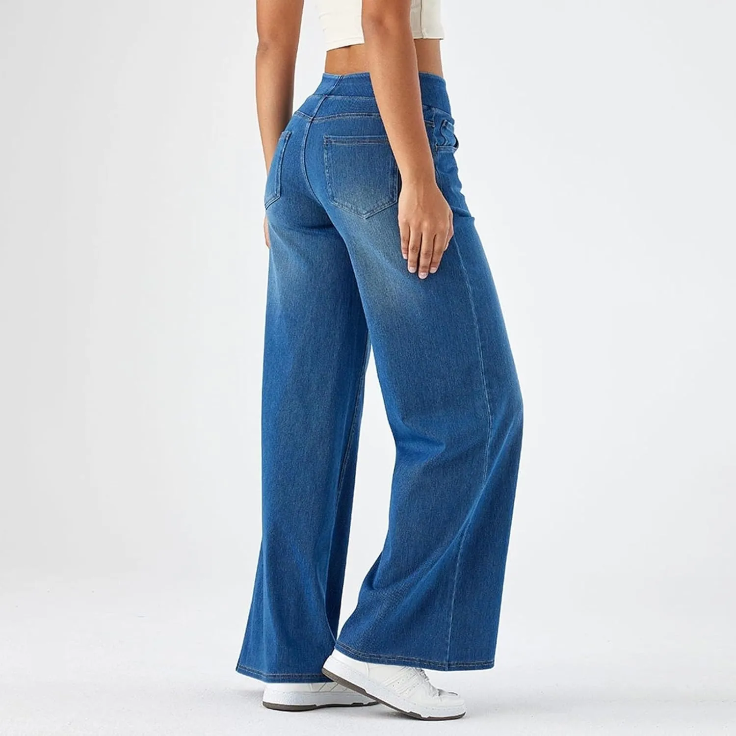 Women's Wide Leg Jeans High Waisted Stretchy Pull On Wide Leg Denim Pants with Pocket
