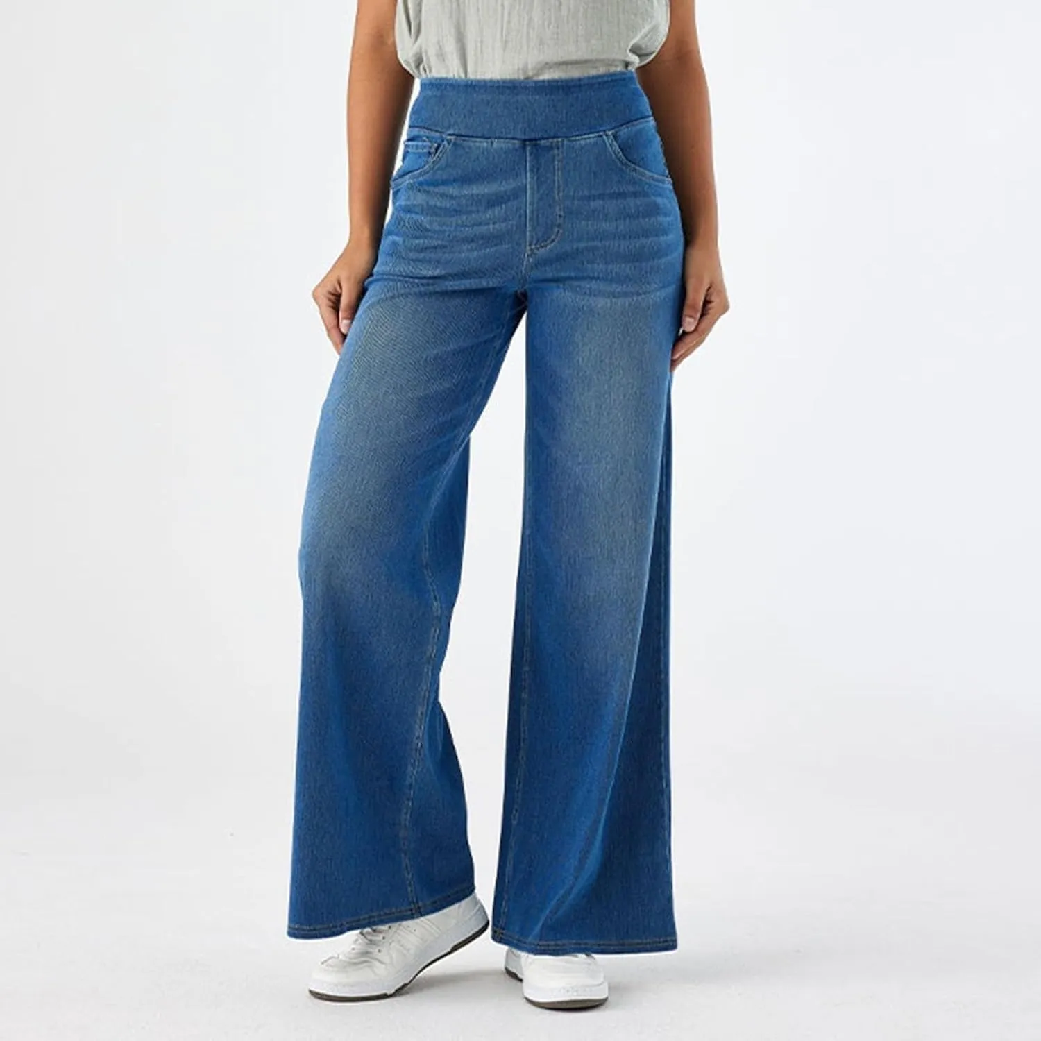 Women's Wide Leg Jeans High Waisted Stretchy Pull On Wide Leg Denim Pants with Pocket