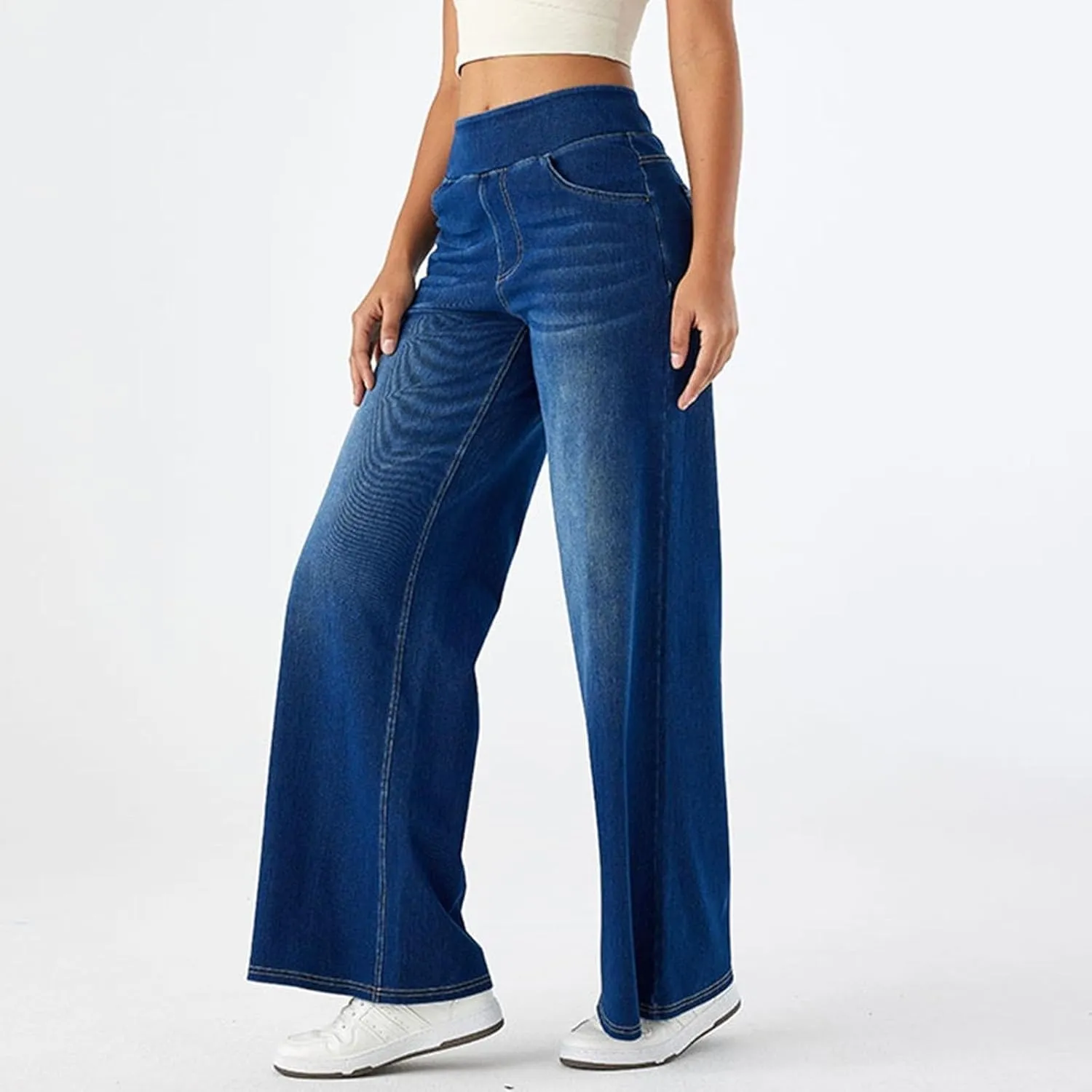 Women's Wide Leg Jeans High Waisted Stretchy Pull On Wide Leg Denim Pants with Pocket