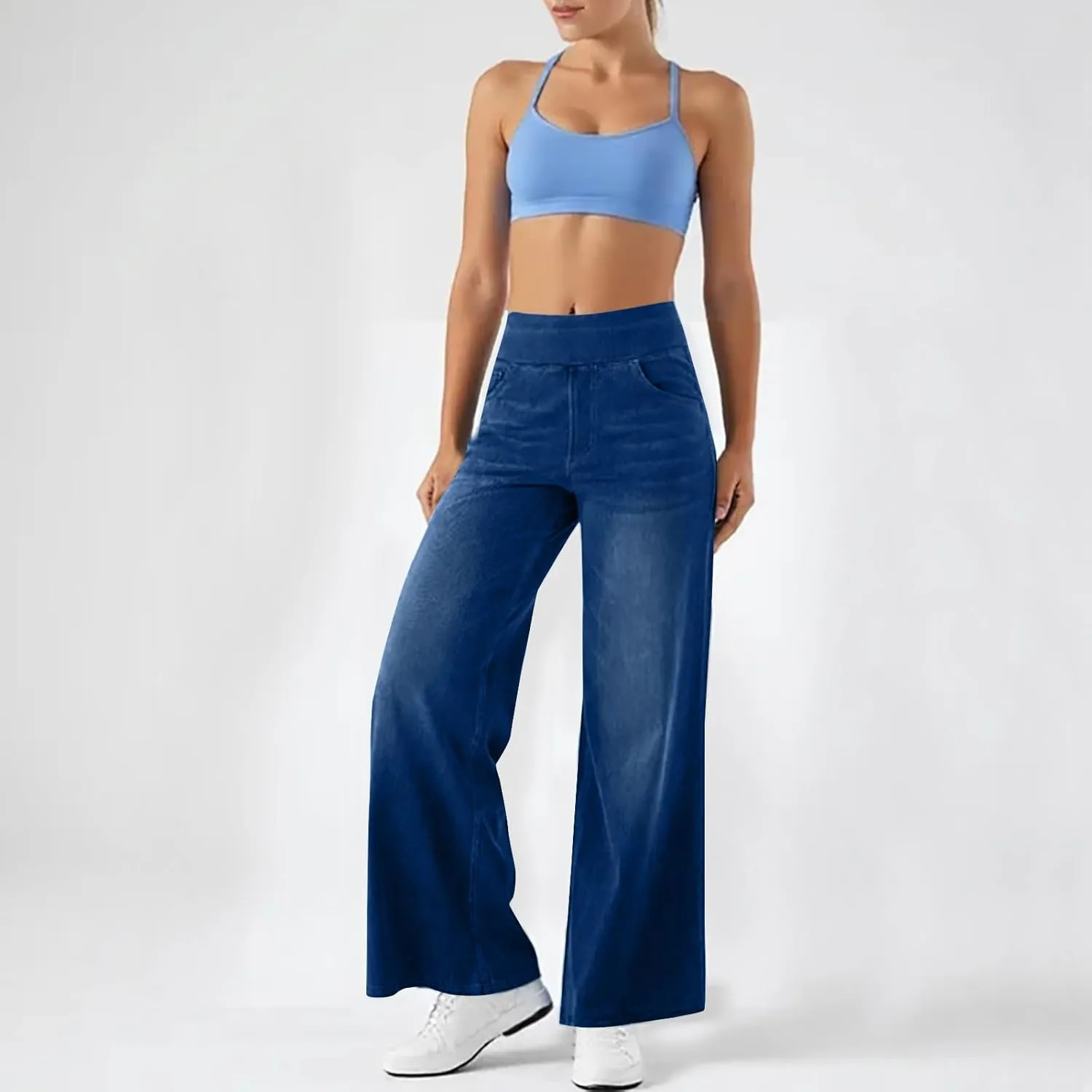Women's Wide Leg Jeans High Waisted Stretchy Pull On Wide Leg Denim Pants with Pocket