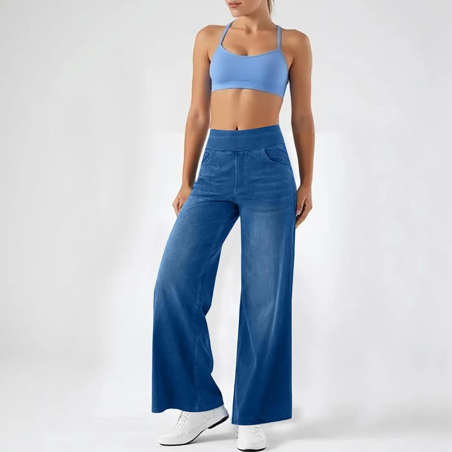 Women's Wide Leg Jeans High Waisted Stretchy Pull On Wide Leg Denim Pants with Pocket